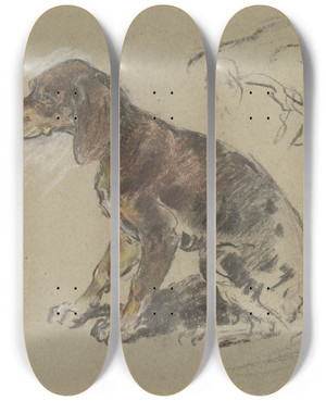 Triptych art skateboard deck of Anton Burger Sitzender Dackel Nach Links by Anton Burger (1824-1905)