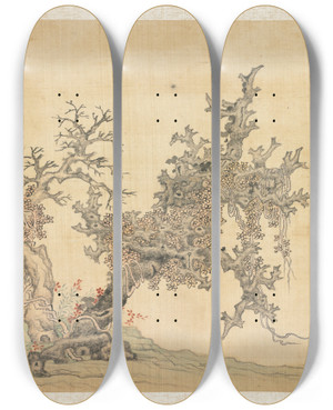 Triptych art skateboard deck of Chen Hongshou An Ancient Tree by Chen Hongshou (1598-1652)