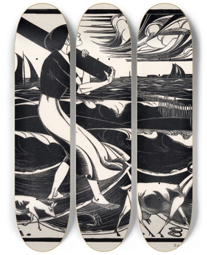 Triptych art skateboard deck of Bernard Essers Strand_1 by Bernard Essers (1893-1945)