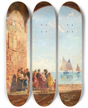 Triptych art skateboard deck of Beppe Ciardi Die Ankunft Der Fischer by Beppe Ciardi (1875-1932)