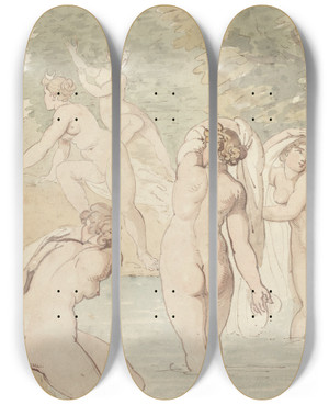 Triptych art skateboard deck of Thomas Rowlandson Diana And Her Nymphs Bathing by Thomas Rowlandson (1756-1827)