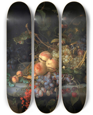 Triptych art skateboard deck of Jacob Van Walscapelle Still Life With Fruit_2 by Jacob van Walscapelle (1644-1727)