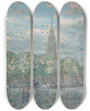 Triptych art skateboard deck of Childe Hassam St Marks In Thebowery by Childe Hassam (1859-1935)