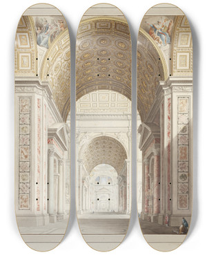 Triptych art skateboard deck of Francesco Pannini Seitenschiff Der St Peterskirche In Rom by Francesco Pannini
