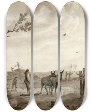Triptych art skateboard deck of Otto Howen Het Dorsen Van Het Graan by Otto Howen (1774-1848)