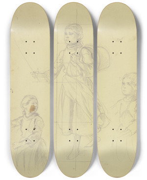 Triptych art skateboard deck of Jakob Becker Studienblatt Bauernmdchen_2 by Jakob Becker (1810-1872)