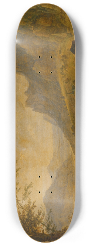 Herman Saftleven III - Mountainous Landscape with a River, in the Foreground a Village with Several Boats Moored at the Bank 8.25 inch art skate deck