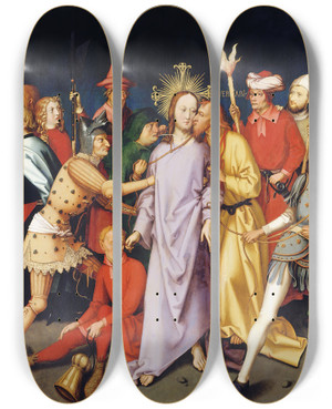 Triptych art skateboard deck of Hans Holbein The Elder Christs Arrest by Hans Holbein The Elder (1460-1524)