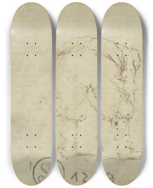 Triptych art skateboard deck of Jacques Callot Gebckter Mann In Rckenansicht by Jacques Callot (1592-1635)