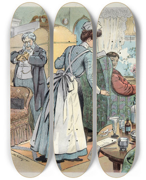 Triptych art skateboard deck of Samuel Ehrhart The Finishing Touch by Samuel Ehrhart (1862-1937)