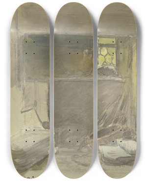 Triptych art skateboard deck of Anton Burger Innenraum Eines Bauernhauses by Anton Burger (1824-1905)