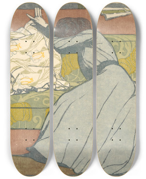 Triptych art skateboard deck of Max Kurzweil The Cushion Der Polster by Max Kurzweil (1867-1916)
