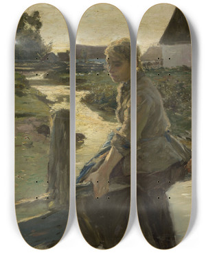 Triptych art skateboard deck of Arthur Langhammer Girl At A Creek by Arthur Langhammer (1854-1901)