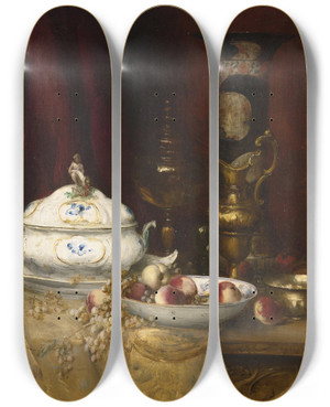 Triptych art skateboard deck of Antoine Vollon Still Life Of Elegant Objects by Antoine Vollon (1833-1900)