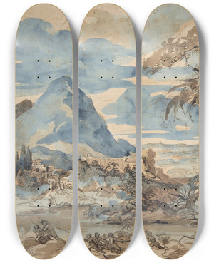Triptych art skateboard deck of Thodore Gricault Landscape With Fishermen_2 by Theodore Gericault (1791-1824)