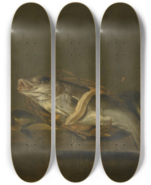 Triptych art skateboard deck of Jan Vonck Still Life With A Haddock And Gurnard by Jan Vonck (1631-1664)