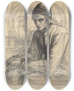 Triptych art skateboard deck of Dante Gabriel Rossetti Dante In Meditation Holding A Pomegranate by Dante Gabriel Rossetti (1828-1882)
