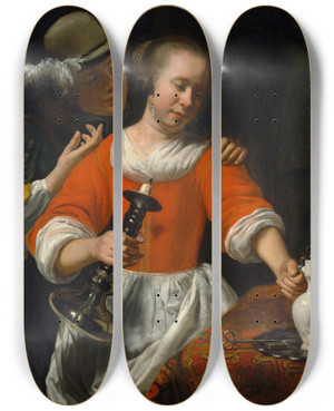 Triptych art skateboard deck of Cornelis Bisschop A Young Woman And A Cavalier by Cornelis Bisschop (1630-1674)