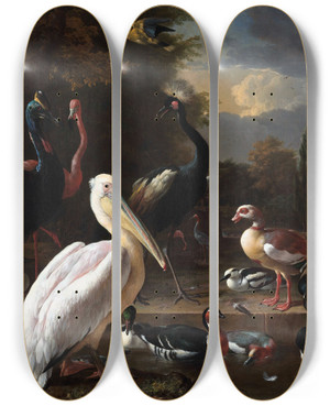 Triptych art skateboard deck of Melchior Dhondecoeter The Floating Feather by Melchior d'Hondecoeter (1636-1695)