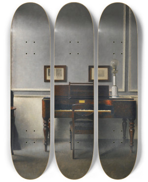 Triptych art skateboard deck of Vilhelm Hammershi Ida In An Interior With Piano by Vilhelm Hammershoi (1864-1916)