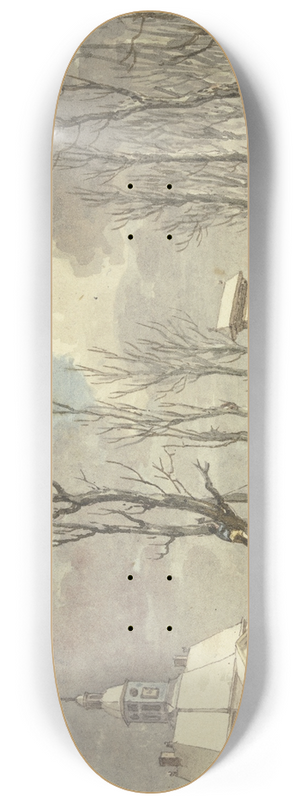 Hermanus Numan - Stadttor mit Trmchen im Winter, eine lange Brcke fhrt ber den Kanal nach einer Allee 8.25 inch art skate deck