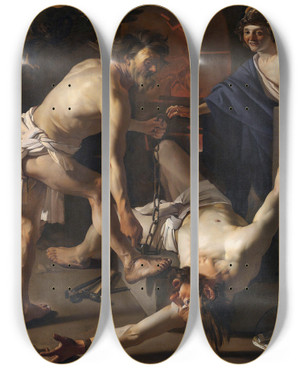 Triptych art skateboard deck of Dirck Van Baburen Prometheus Being Chained By Vulcan by Dirck Van Baburen (1595-1624)