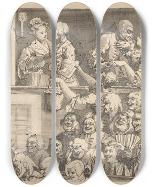 Triptych art skateboard deck of William Hogarth The Laughing Audience by William Hogarth (1697-1764)