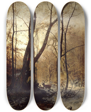 Triptych art skateboard deck of Ludvig Munthe Winter In Germany by Ludvig Munthe (1841-1896)