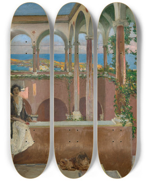 Triptych art skateboard deck of Sir John Lavery A Villa On The Riviera by Sir John Lavery (1856-1941)