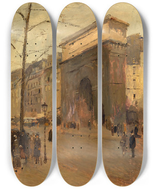 Triptych art skateboard deck of Frank Edwin Scott Porte St Denis by Frank Edwin Scott (1863-1929)