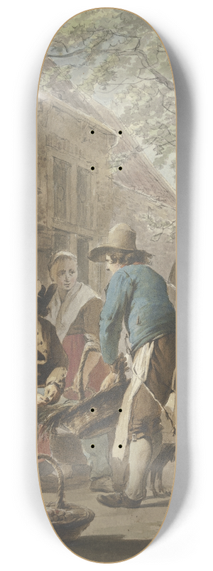 Hermanus van Brussel - Vor einem Hause bietet ein Bauer mit einem Korb seine Erzeugnisse zum Kauf an, vorn links ein Hund, im Hintergrund ein Betteljunge 8.25 inch art skate deck