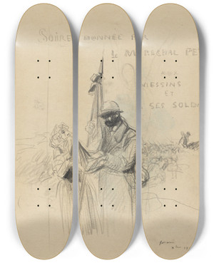 Triptych art skateboard deck of Jeanlouis Forain Le Baiser Du Drapeau by Jean Louis Forain (1852-1931)