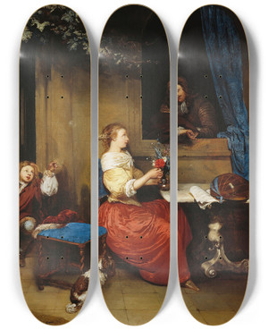 Triptych art skateboard deck of Caspar Netscher Courtship by Caspar Netscher (1639-1684)