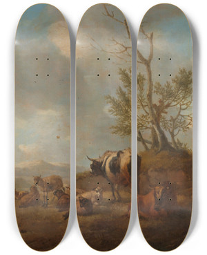 Triptych art skateboard deck of Willem Romeyn Landscape With Animals by Willem Romeyn (1624-1694)