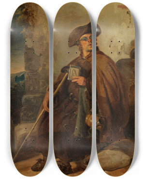 Triptych art skateboard deck of Johann Baptist Kirner Sitzender Pilger by Johann Baptist Kirner (1806-1866)