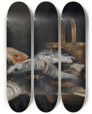 Triptych art skateboard deck of Abraham Van Beyeren Dead Fish by Abraham Van Beyeren (1620-1690)
