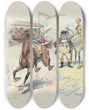 Triptych art skateboard deck of John Samuel Pughe Warming Up A Sure Winner by John Samuel Pughe (1870-1909)
