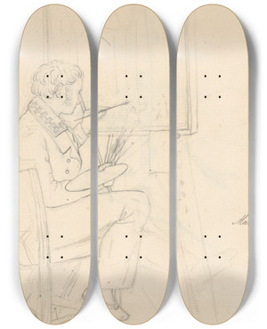 Triptych art skateboard deck of Wilhelm Bendz Portrait Of The Painter Ditlev Martens At Work Behind And Easel by Wilhelm Bendz (1804-1832)