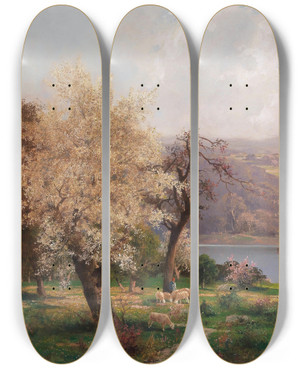 Triptych art skateboard deck of Adolf Kaufmann A Lake Landscape In Spring by Adolf Kaufmann (1848-1916)