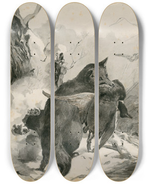 Triptych art skateboard deck of Floris Verster A Fox With A Duck In His Snout by Floris Verster (1861-1927)