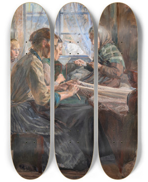 Triptych art skateboard deck of Carl Wilhelmson Fisherwomen Making Nets Bohusln by Carl Wilhelmson (1866-1928)