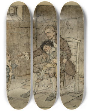 Triptych art skateboard deck of Arthur Rackham He Gave Each A Large Piece Of Gingerbread by Arthur Rackham (1867-1939)