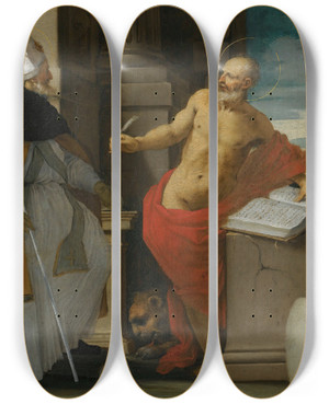 Triptych art skateboard deck of Emilian School Saints Augustine Andjerome In A Classical Setting by Emilian School