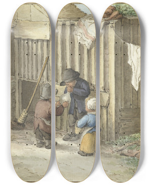 Triptych art skateboard deck of Jean Bernard Drie Kinderen Spelend Met Een Varkensblaas by Jean Bernard (1775-1833)