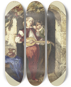 Triptych art skateboard deck of Andreas Deckelmann Lovers In The Front Door by Andreas Deckelmann