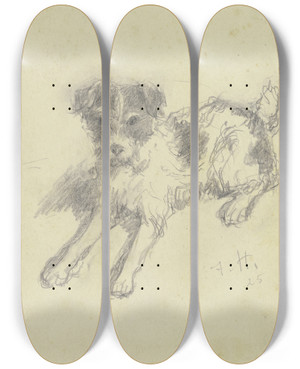 Triptych art skateboard deck of Jacob Happ Lying Terrier by Jacob Happ (1861-1936)