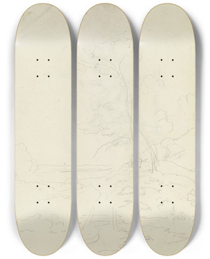 Triptych art skateboard deck of Carl Spitzweg Landscape With Two Trees by Carl Spitzweg (1808-1880)
