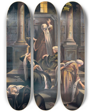 Triptych art skateboard deck of Stecher Litho Co The Ten Virgins by Stecher Litho Co (1871)