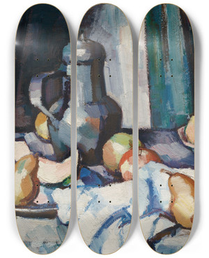 Triptych art skateboard deck of Samuel John Peploe Apples And Pewter Pot by Samuel John Peploe (1871-1935)