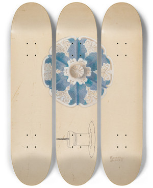 Triptych art skateboard deck of Richard Barnett Parian Ware Tie Back by Richard Barnett